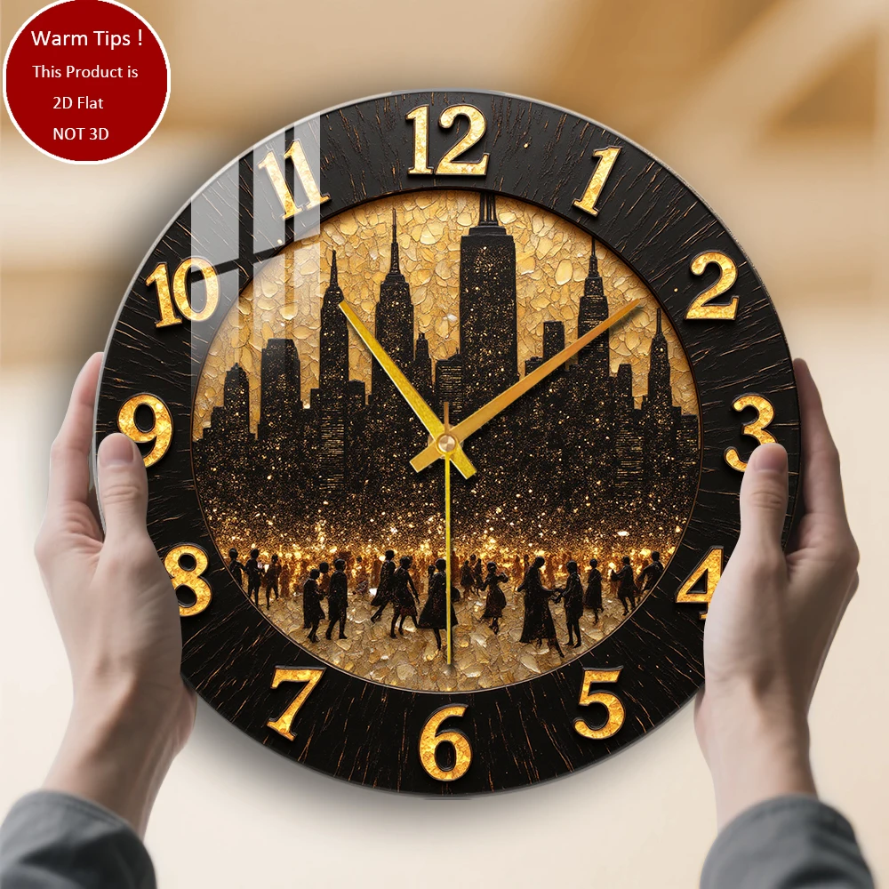 Tempered Glass Wall Clock Cityscape Silhouette Crowd Night Gold Clock Suitable For Wall Decor or Tabletop Display Anywhere