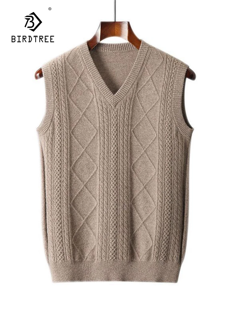 Birdtree 100%Cashmere Winter Thickened Tank Top Men's V-neck Sleeveless Commercial Casual Knitted Sweater Vest New T3N001QC