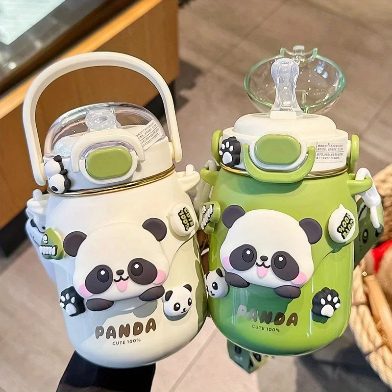 SUS316 Thermos Cup Straw Water Bottle Cup Cute Panda Drinking Bottle with Adjustable Shoulder Strap Handle For Children 700ml
