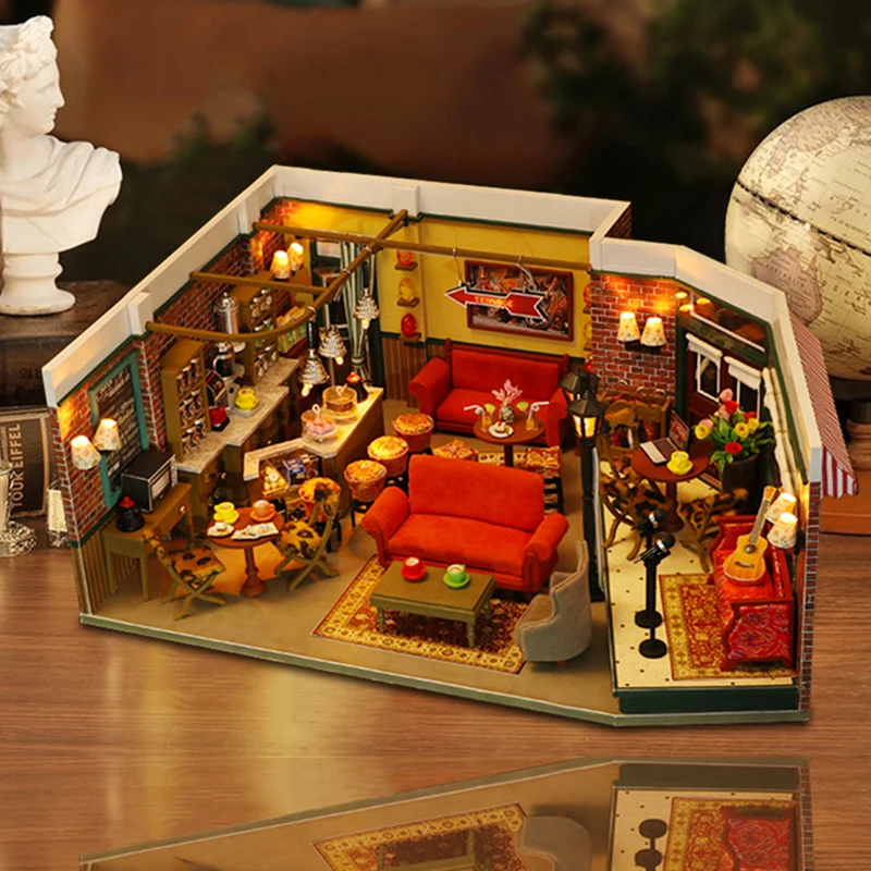 DIY Houten Vrienden New York Cafe Cottage Poppenhuizen Miniatuur Model Kits Poppenhuis met Meubels voor Meisjes Verjaardagscadeaus