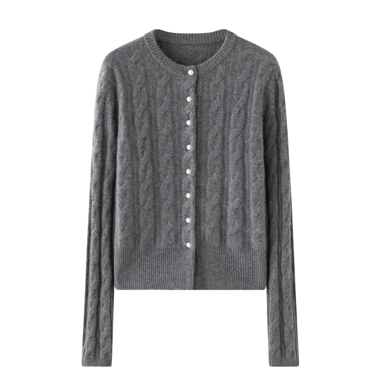 Damski sweter kardigan ze 100% kaszmiru, prosty dekolt okrągły, guziki z perłami, jesień-zima, miękki, ciepły, dzianina kaszmirowa, eleganckie bluzki do biura.