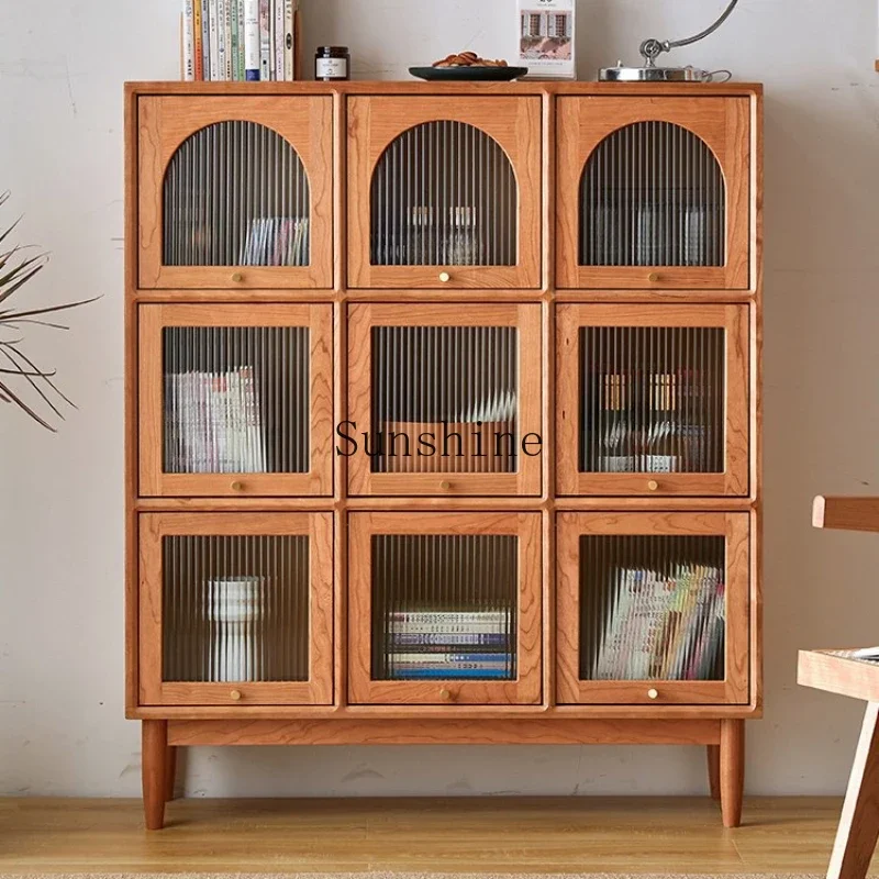 Modern simple solid wood storage bookcase, log retro plaid figure display, living room