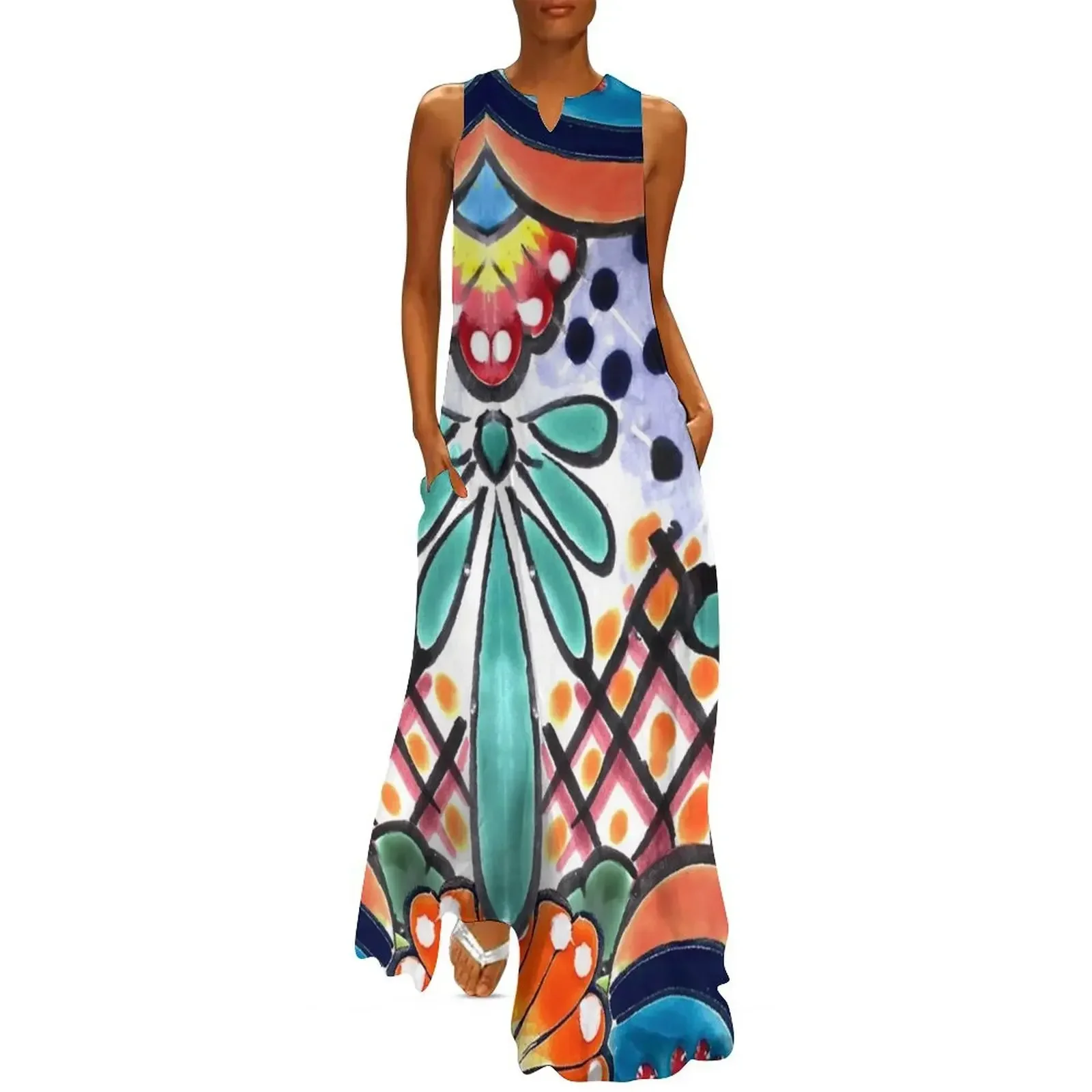 

Colorful Talavera, Orange Accent, Mexican Tile Design Long Dress summer woman dress 2025 Dress