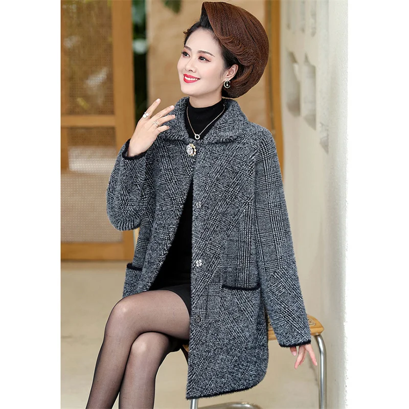 Middle Aged Elderly Women\'s Woolen Coat Autumn Winter High End Double-sided Cashmere Wool Jacket Mother Knitted Cardigan Outwear