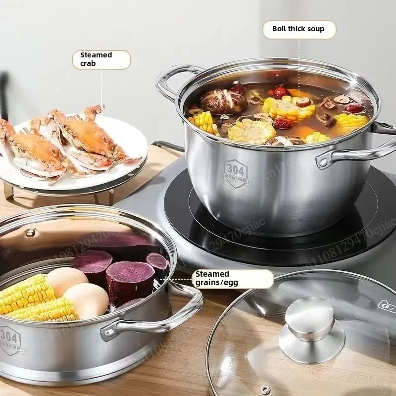 304 Stainless Steel Heavy Duty Soup Pot, Non-Stick Milk & Baby Food Pot with Steamer for Household