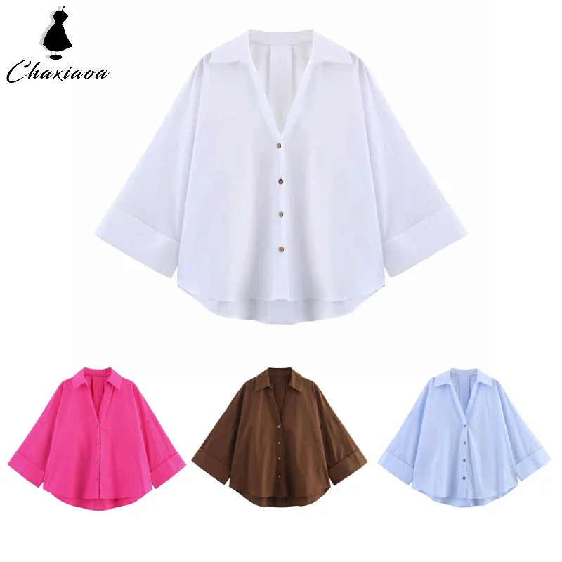 

Long Sleeved Single Breasted Collared Blouse Women's Light Blue Oversized Button - Down Shirt With Rolled Up Sleeves and V Neck