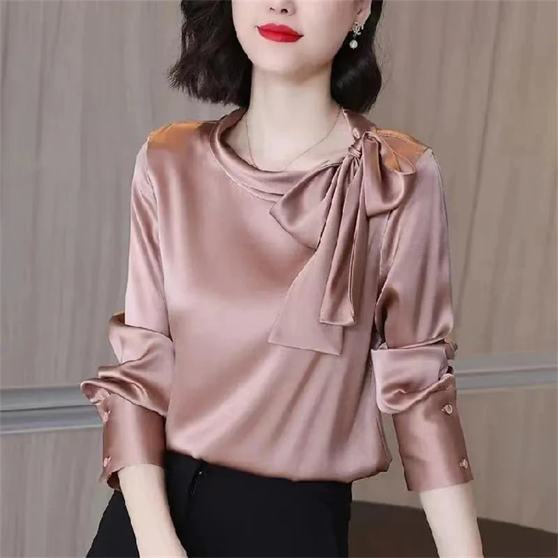 Women\'s Fashion Elegant Bow Lace Up Blouse Office Lady High Quality Satin Commute Shirt Long Sleeve Solid Loose Tops 2024 Autumn