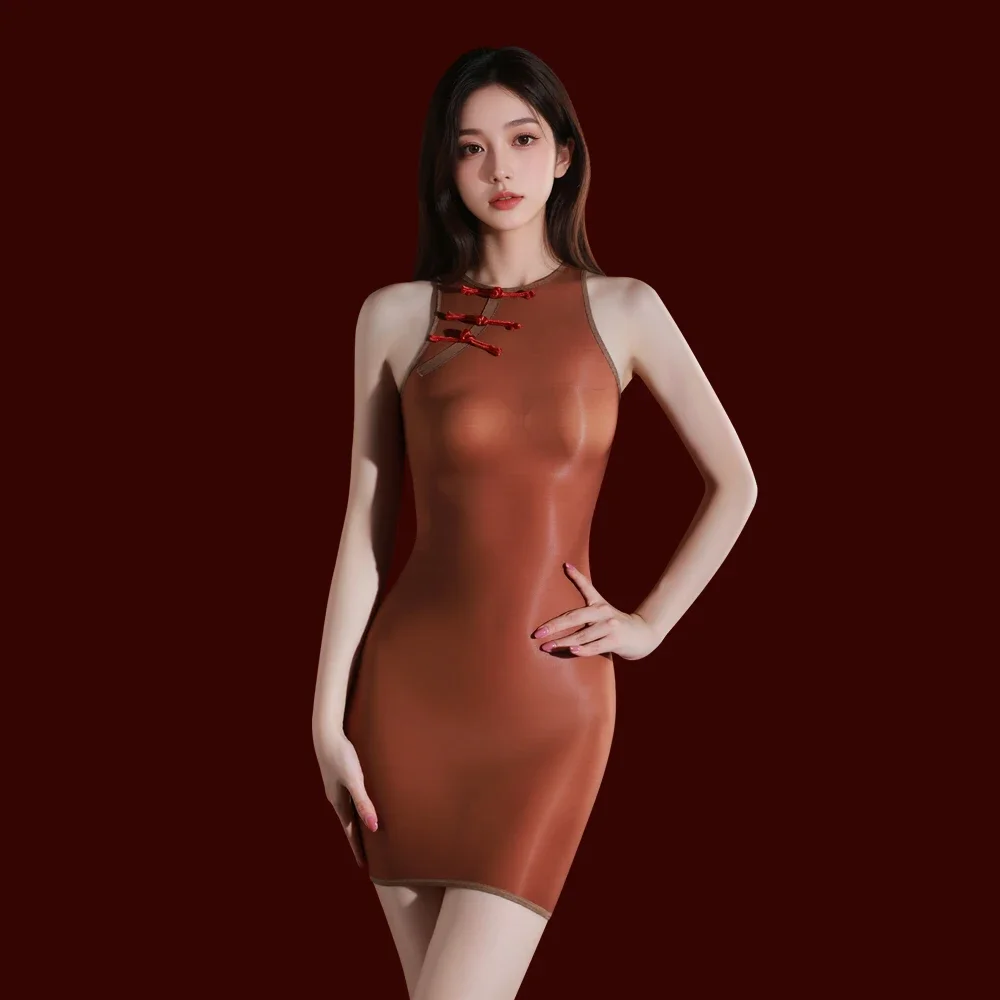 Damen Ärmelloses Elastisches Bleistiftkleid im Cheongsam-Stil Modisches Figurformendes Schlankmachendes Bodycon Öl-Glänzendes Transparentes Minikleid