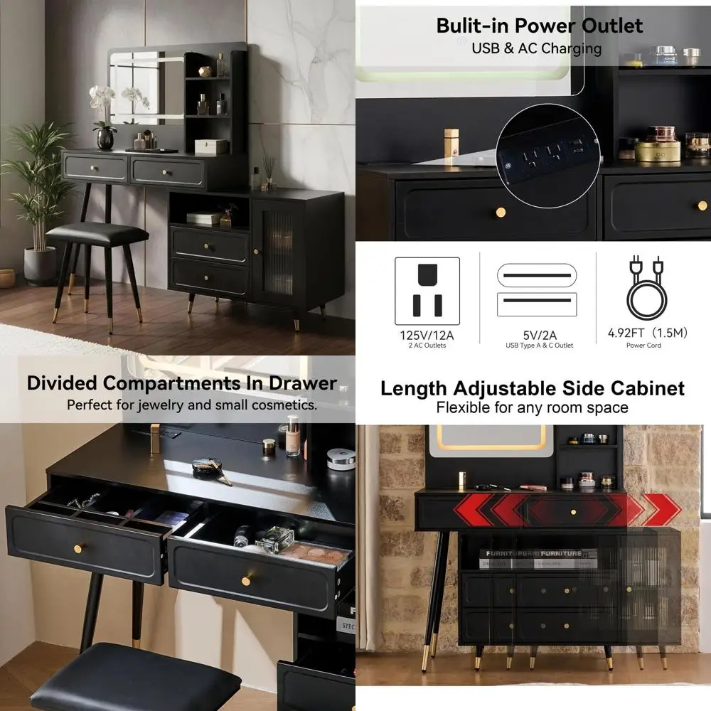 Luxurious Black Makeup Vanity Desk with Mirror, Lights, Stool, and Power Outlet for Bedroom