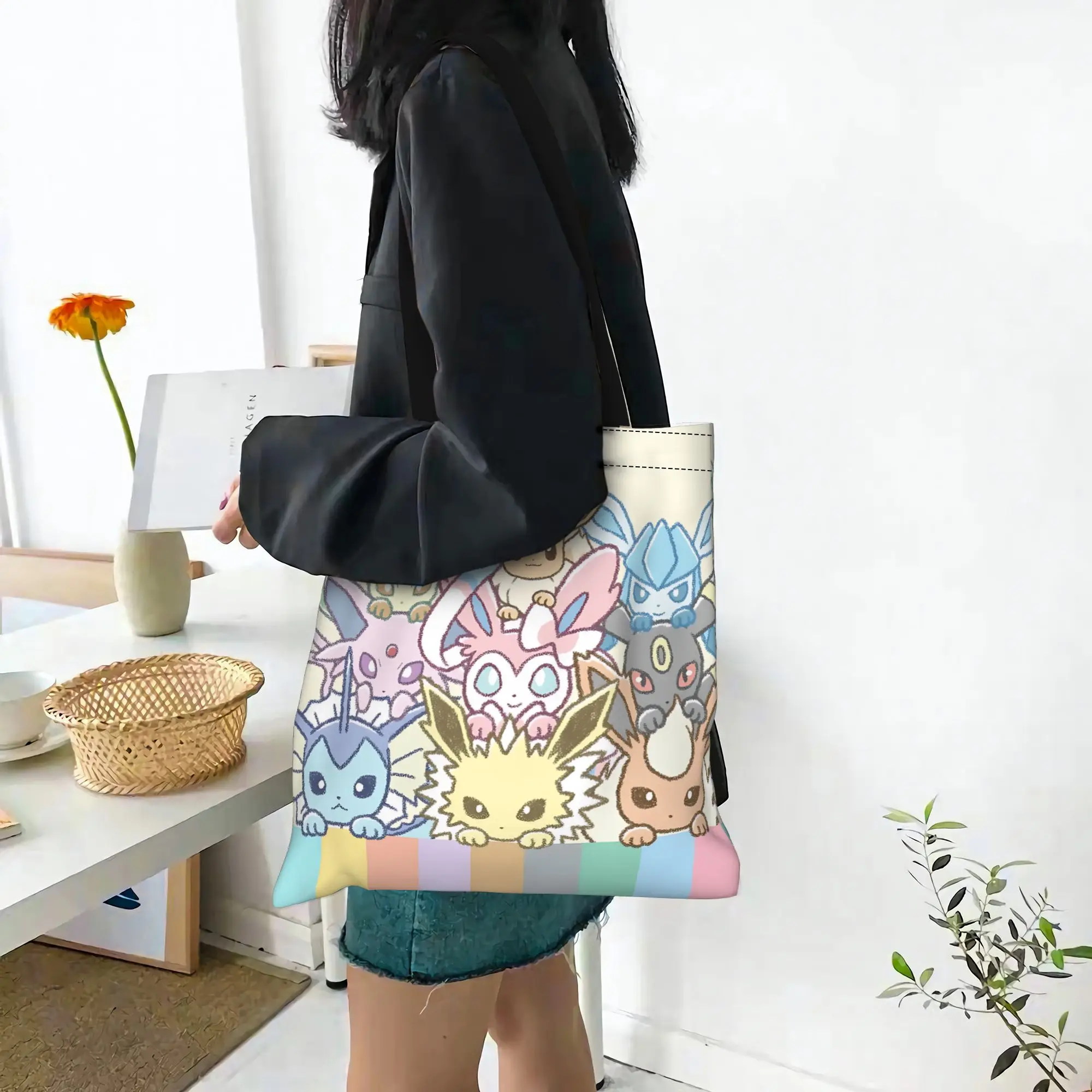 Customized Cartoon Pokemon Theme Women's Bag Shopping Bag Reusable Double Sided Canvas Tote Bag Shoulder  Handbag