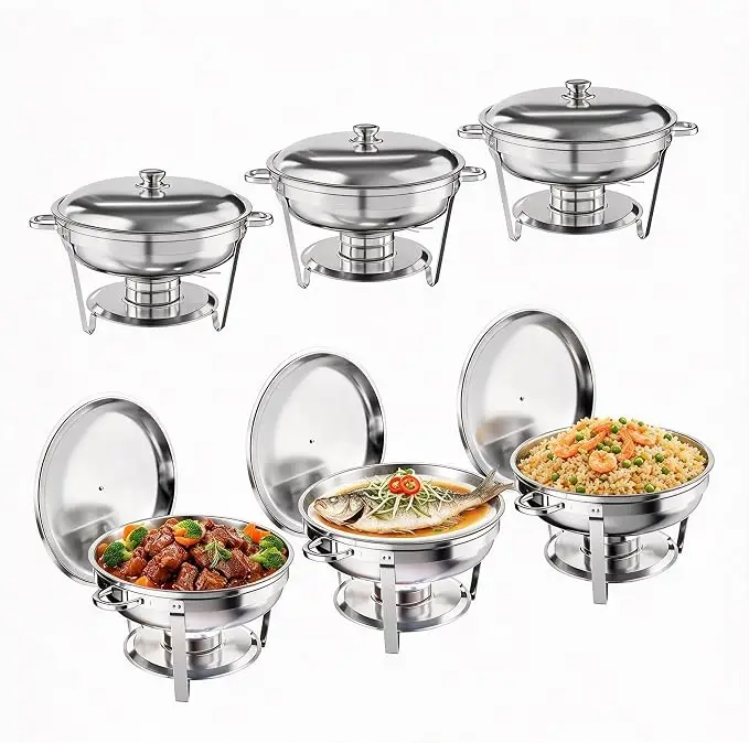 5QT Chafing Dish Buffet 2/6 Pack, Round Stainless Steel Food Warmers Buffet Servers Sets, Chafer with Food & Water Pan, Lid, Frame, Fuel Holder for Catering and Parties