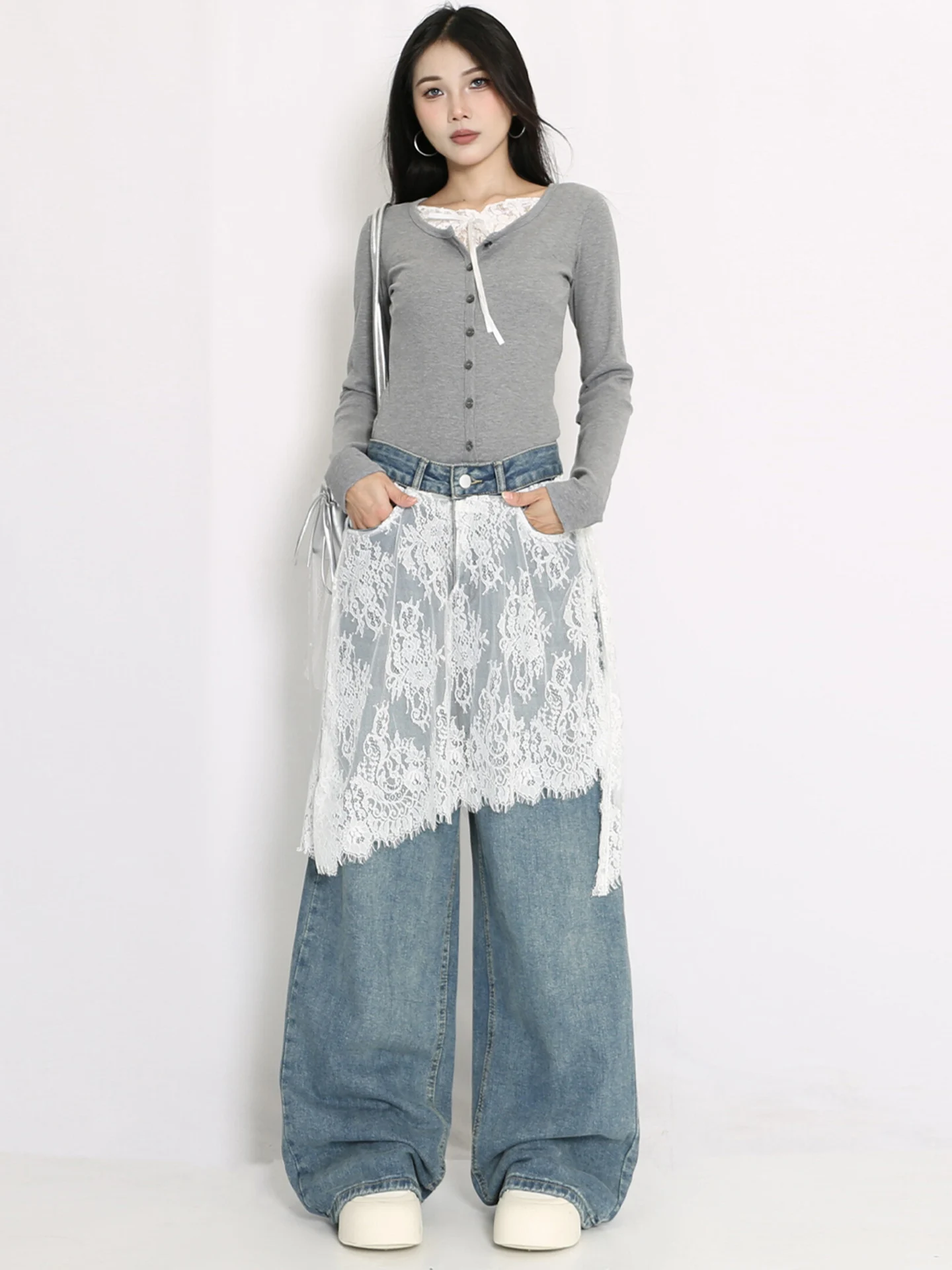 الخريف تصميم الدانتيل الربط واسعة الساق الجينز المرأة فضفاضة مستقيم قطع الجينز عارضة عالية الخصر سستة الأزرق الدنيم النسيج