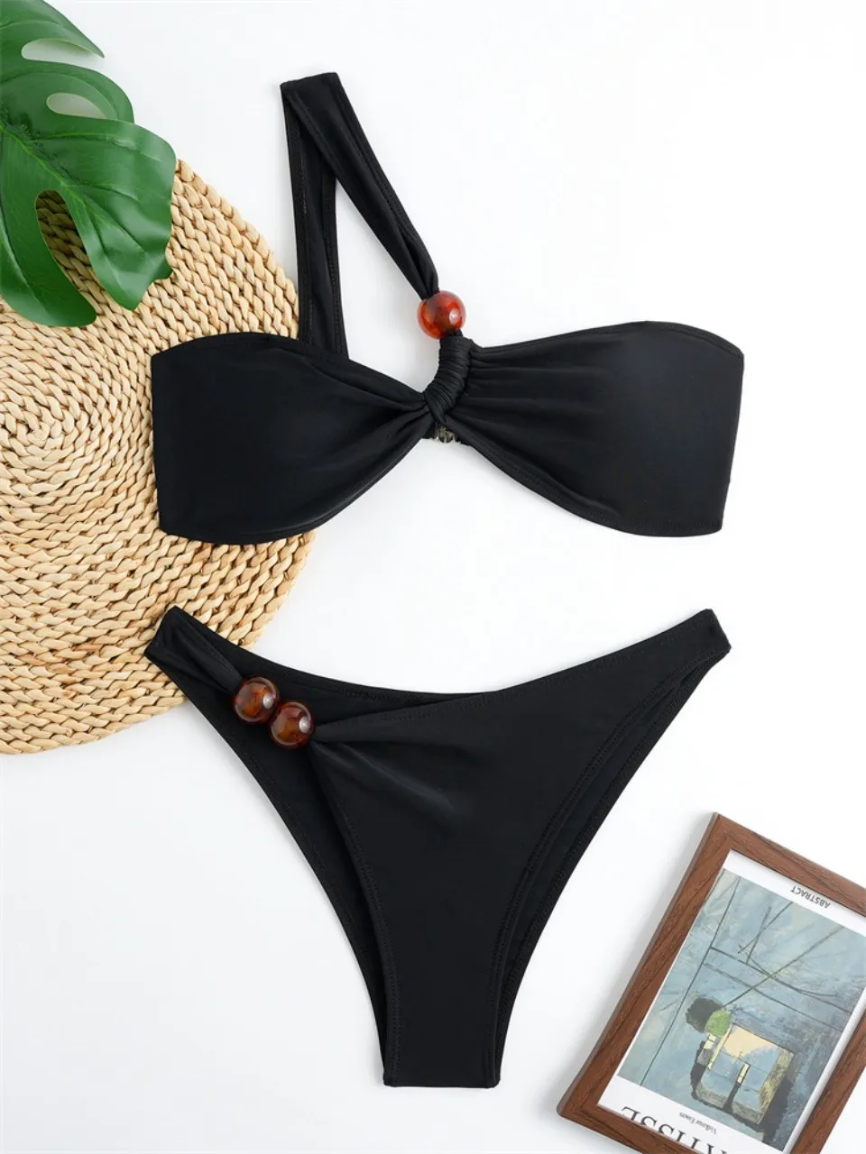 2026 Jednoczęściowe bikini z odkrytym ramieniem, seksowny czarny strój kąpielowy bandeau, damski strój kąpielowy z koralikami, strój plażowy dla kobiet, kostium kąpielowy do pływania