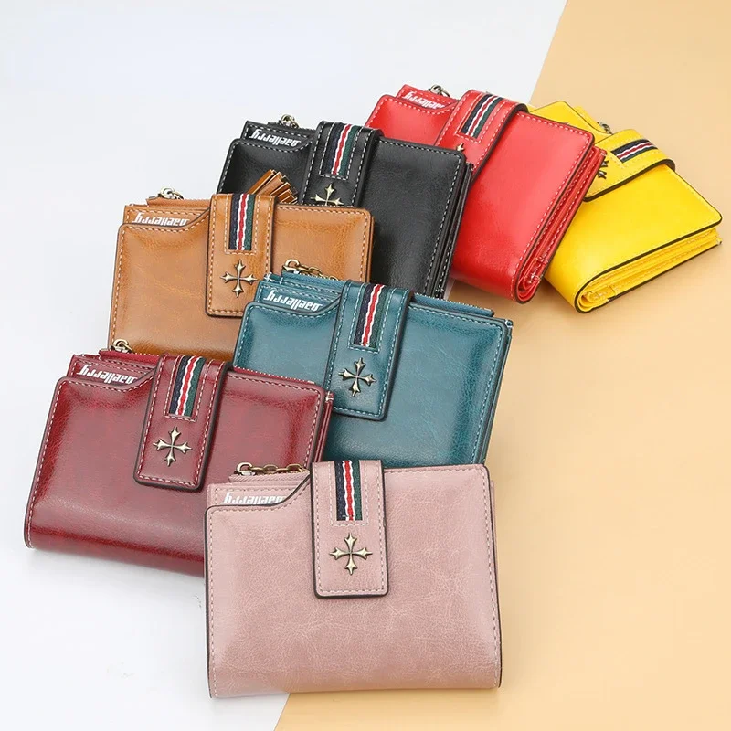 Bifold korte olie wax kaart portemonnee damesmode hoge kwaliteit portemonnees stijlvolle kaarthouder portemonnee dames vintage lederen portefeuilles