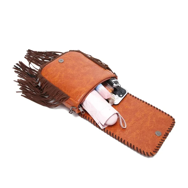 حقيبة يد نسائية صغيرة من جلد البقر النباتي مع شرابة رانجلر ويست هامش محفظة للنساء حقيبة كتف أزتيك