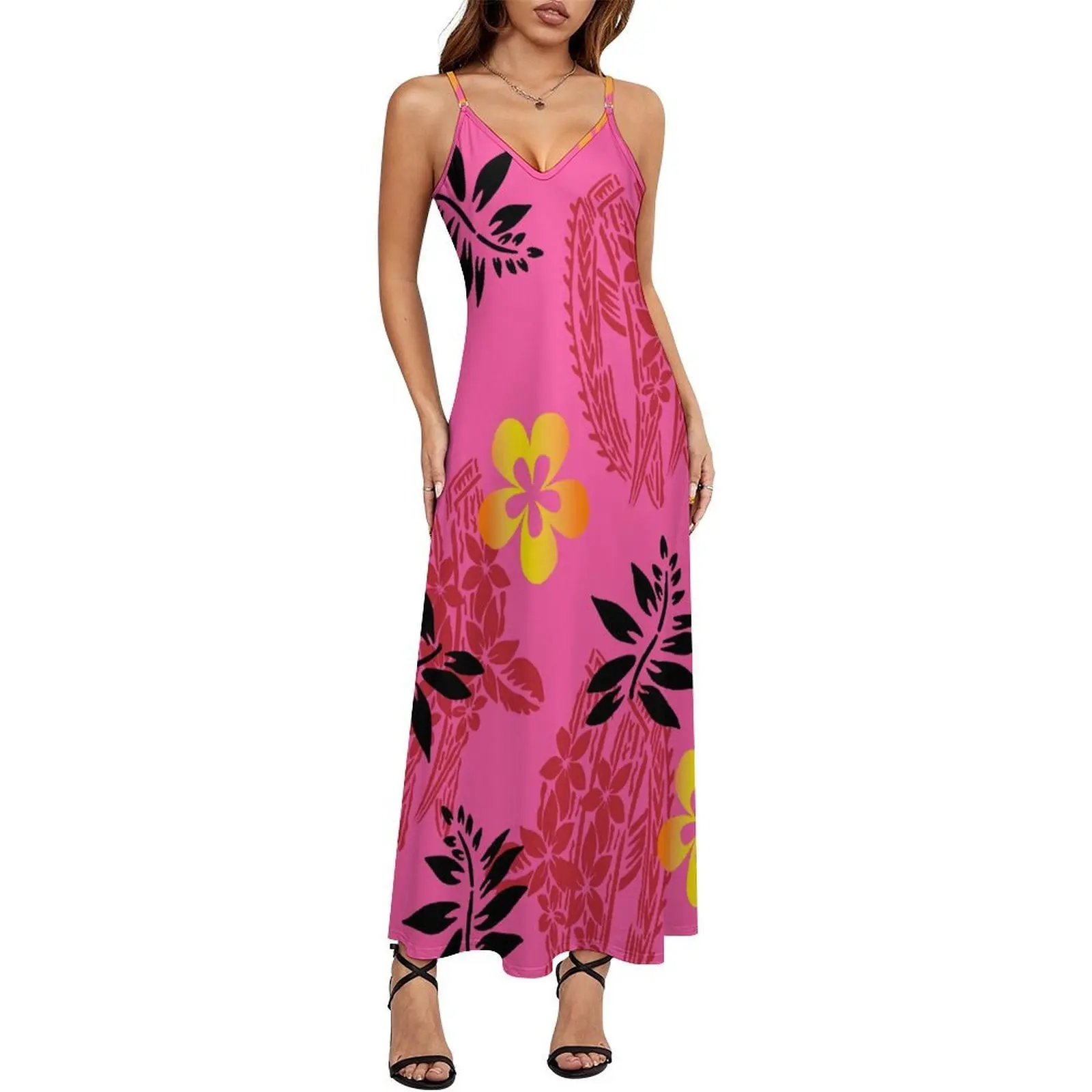 Polynesian Floral Print Custom Women'S Casual Dress Summer Loose Halter Custom Long Dress Pattern 2025 New