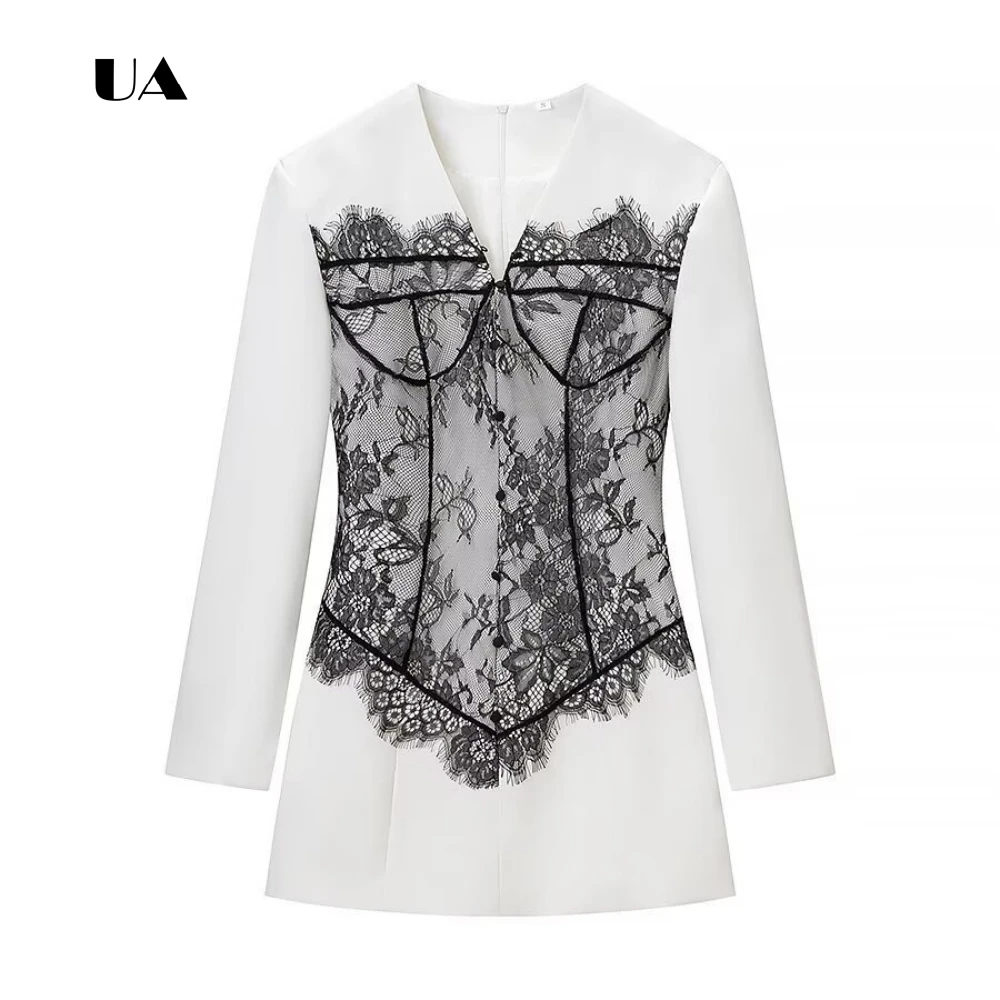 

ULBYANRY Lace Sheath Mini Dress with Long Sleeves Solid V-neck Button Evening Dresses for Women Fashionable Cocktail Party Gown