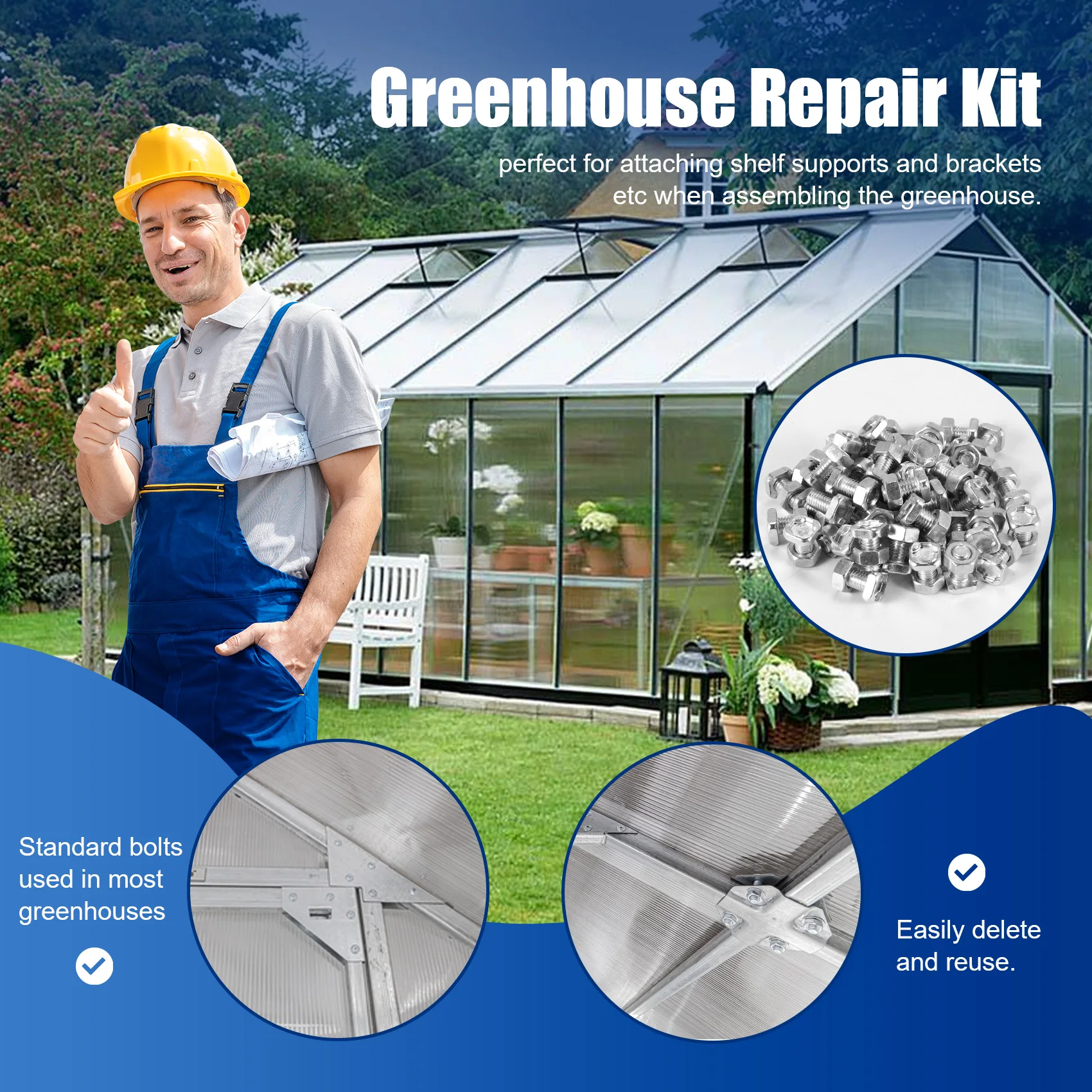 50 Packs Greenhouse Nuts And Bolts Square Head Bolts Nuts Greenhouse Repair Kit Parts Replacement Garden Supplies