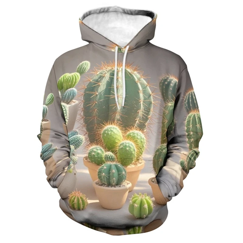 Golden Barrel Cactus Hoodies Plant 3D Printing Scene Planting Long Sleeves Hooded Shirt Funny Casual Street Clothing Sweatshirt