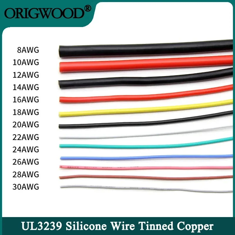 1/5M UL3239 Silicone Wire Tinned Copper 32 30 28 26 24 22 20 18 16 14 12 10 8 AWG 3KV DIY LED Electronic Cable