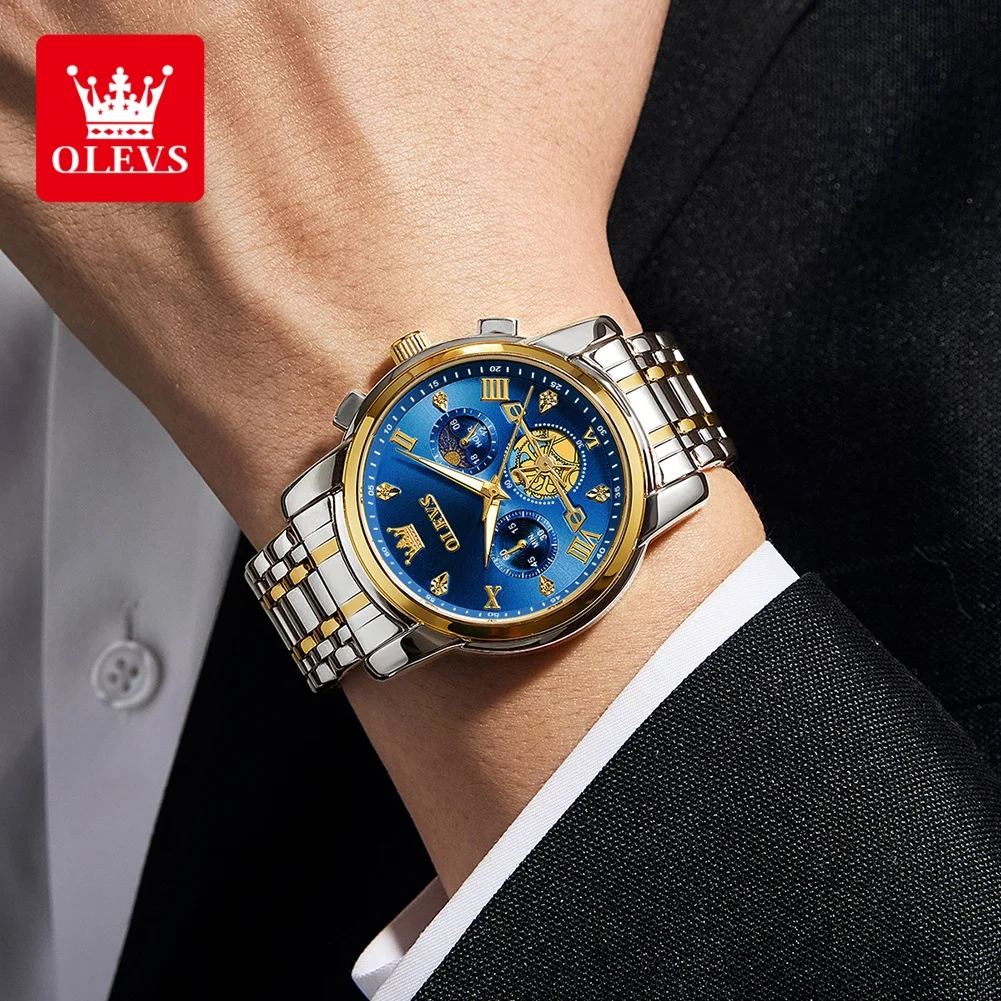 OLEVS 2856 دولاب الموازنة الهيكل العظمي ساعة رجالية فاخرة متعددة الوظائف مقاوم للماء توقيت ساعة 24 ساعة Moonphase ساعة كوارتز رجالية Reloj