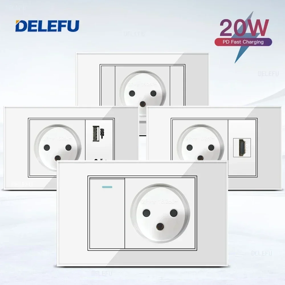 DELEFU White Tempered Glass Israel Standard USB Type C Fast Charging Wall Socket Light Switch Satellite TV Tel CAT5 CAT6