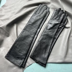 Women's long real sheepskin gloves opera black 40cm and 46cm length banquet and dance with long gloves