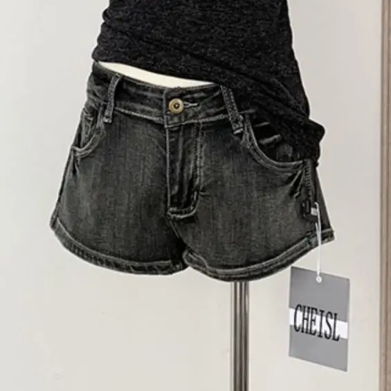 Short en Denim gris délavé Vintage pour femmes, pantalon chaud taille basse, serré, élastique, Y2k, nouvelle collection été