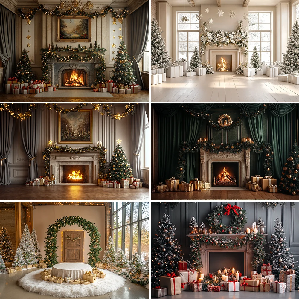 

Photography Background Christmas Tree Fireplace Wreath Decoration Backdrop Family Holiday Party Portrait Photo Studio