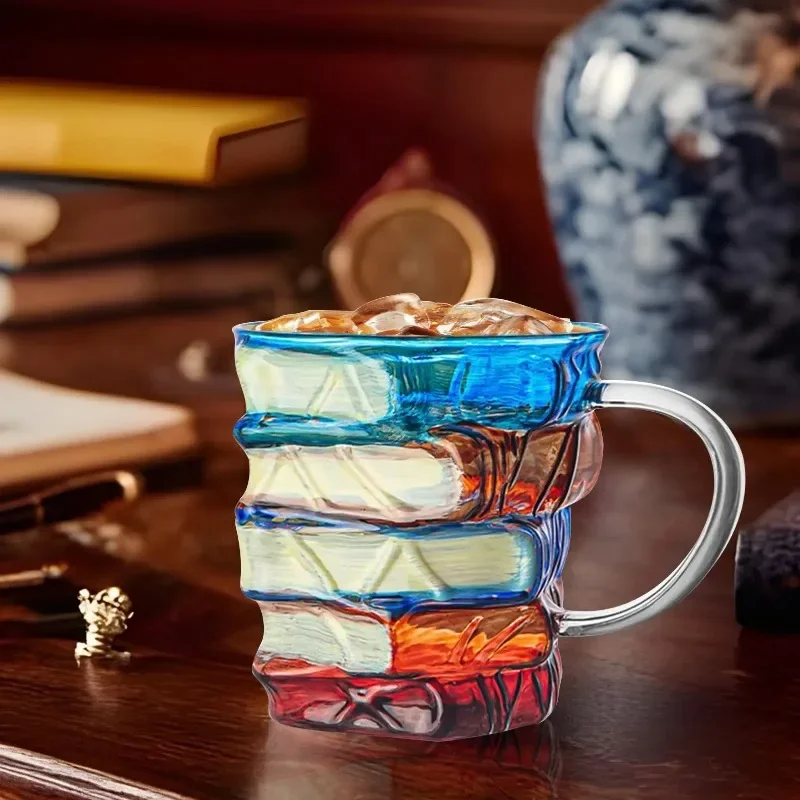 Creative Household Novelty Coffee Cup High Borosilicate Glass Cup Hand Drawn Stacked Book Mug for Readers Writers