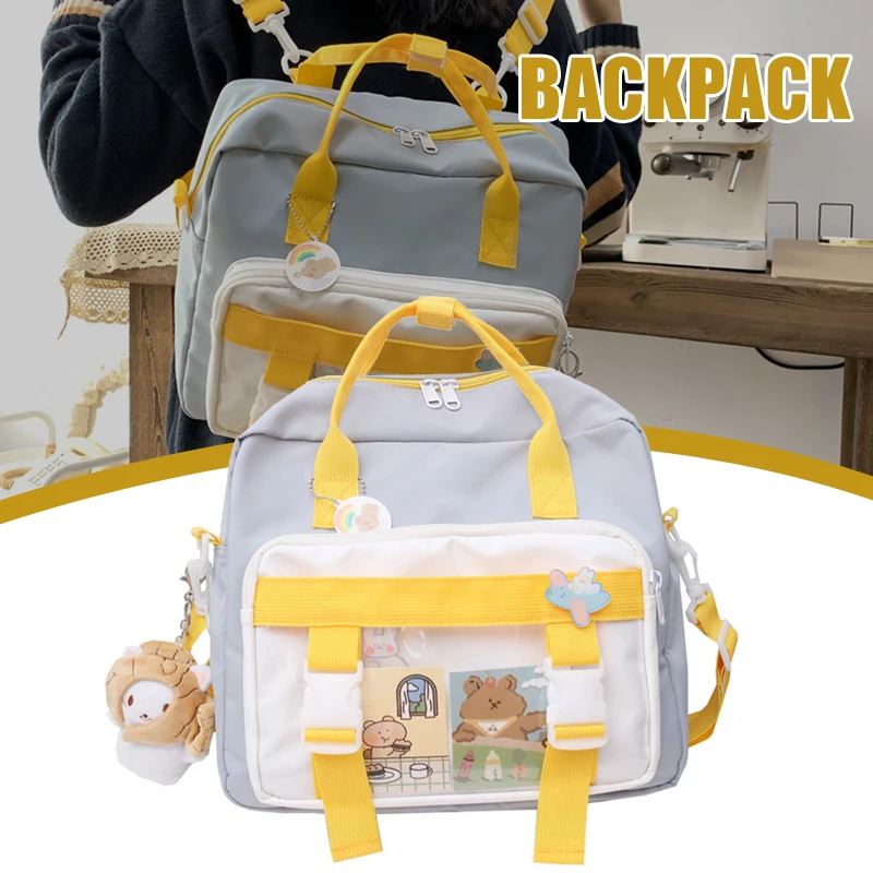 

Nylon Women Backpack Contrast Color Multifunction Waterproof Bag Female Transparent Pocket Insert Buckle Small Schoolbag