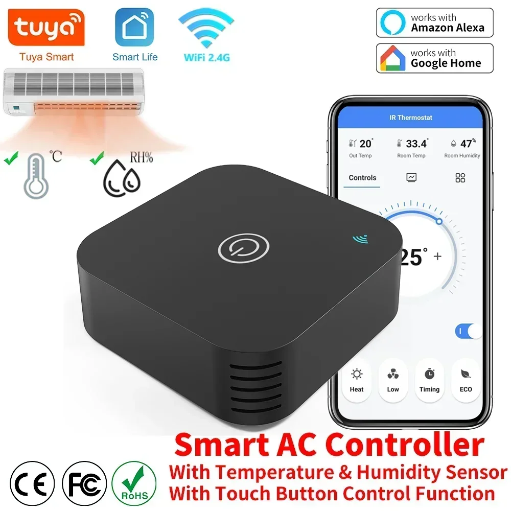 Tuya Smart Air Conditiong Thremostat مستشعر درجة الحرارة والرطوبة المدمج لتيار المتردد عن بعد بالأشعة تحت الحمراء يعمل مع Alexa Google