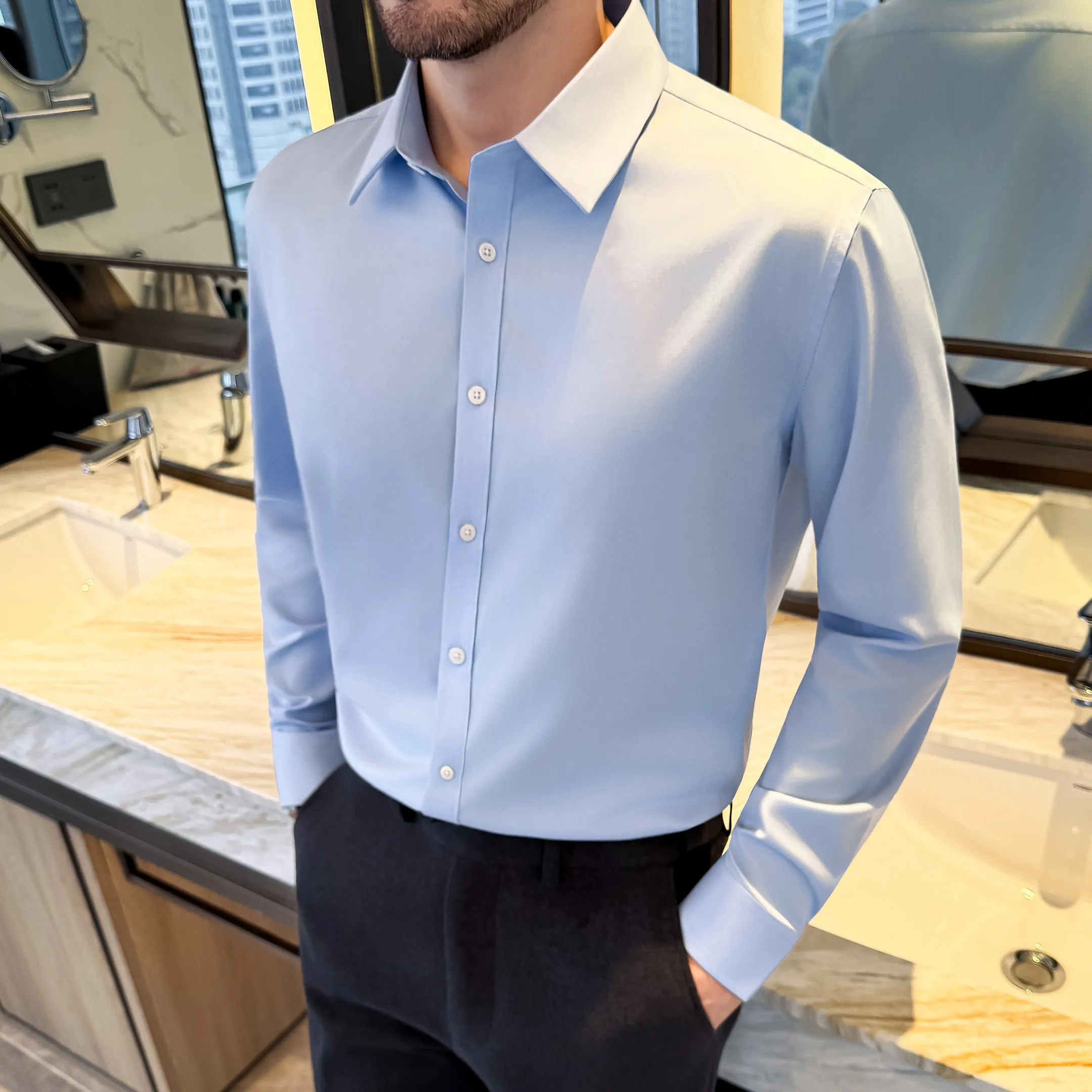 

Высококачественная шелковая рубашка из тутового шелкопряда 2026 года, новая мужская повседневная деловая рубашка с длинным рукавом, однотонная, приталенная, для торжественных мероприятий и вечеринок