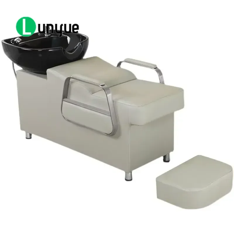 Modern Commercial Shampoo Chair Synthetic Leather High Density Sponge Ceramic Basin Semi Reclining Hair Washing Station
