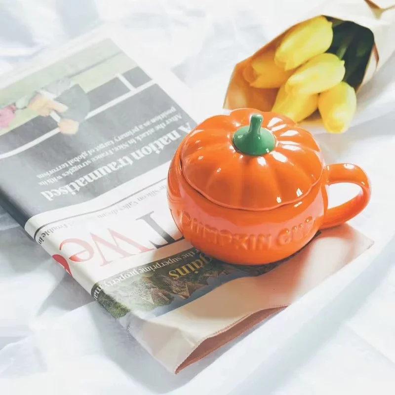 Ceramic Pumpkin Mug with Lid with Spoon Coffee Cups Milk Tea Breakfast Creative Handle Design Gift Drinkware Kitchen Halloween