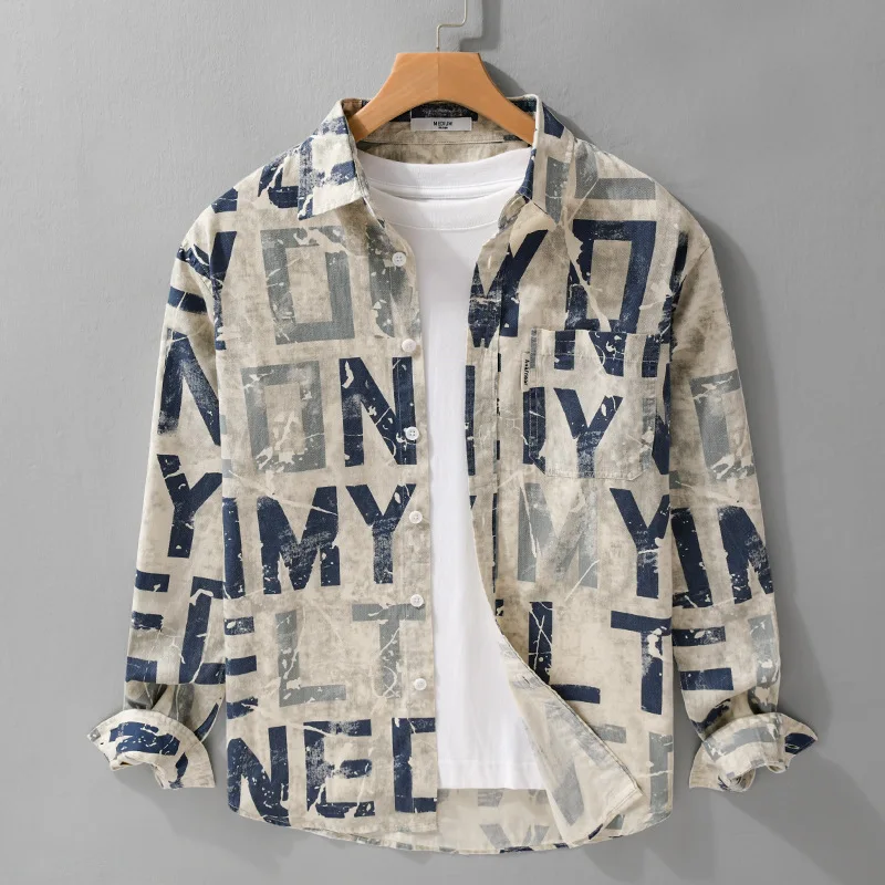 

Spring and Autumn Men's Fashion Japanese Long sleeved Shirt Fashion Casual Loose Personalized Letter Pattern Design Shirt