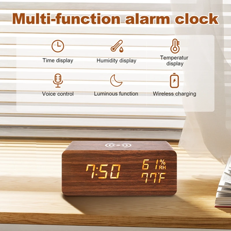 Top Deals Digital Alarm Clock, Temperature And Humidity Alarm Clock LED Electronic Clock Smartphone Wireless Charger