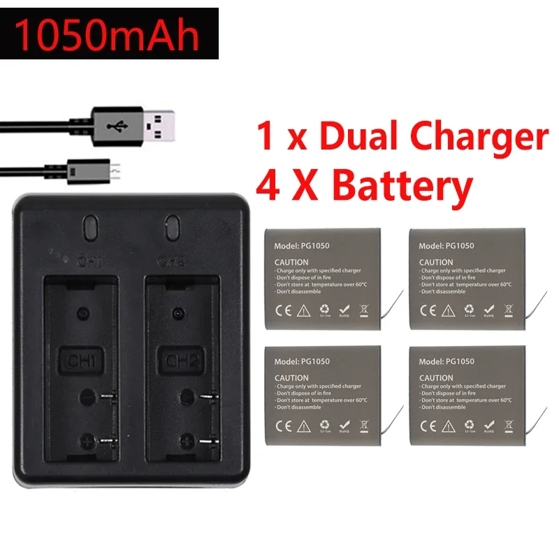 4Pcs X 1050mAH PG1050 Camera Battery + Dual Charger For EKEN H9 H9R H3R H8R H8PRO H8 SJ4000 SJ5000 M10 Action Camera Batteria