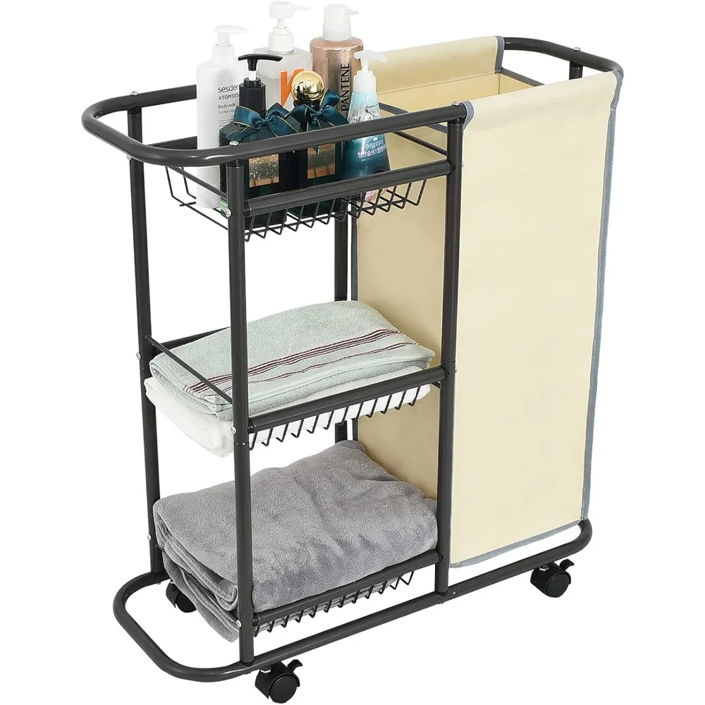 

Laundry Sorter Cart Movable Bathroom Organizer Storage Baskets with Heavy Duty Rolling Wheels 3-Tier Storage Shelves with 1 Bag