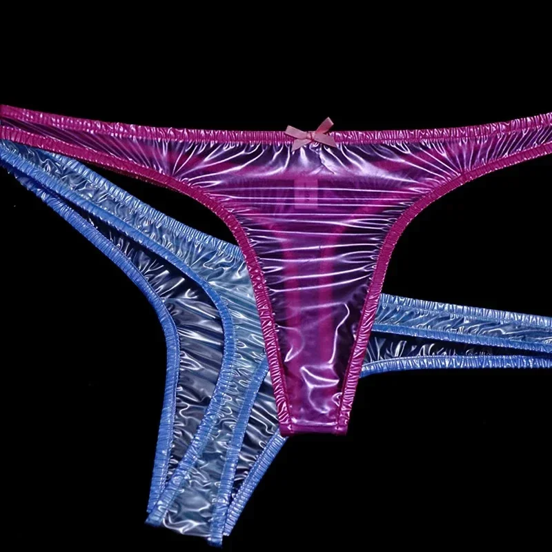 See Through Sexy Plastic T-back Men Pink Bow Woman Gloss Soft Low Waist PVC G-string Couple Erotic Briefs Waterproof Pantie﻿