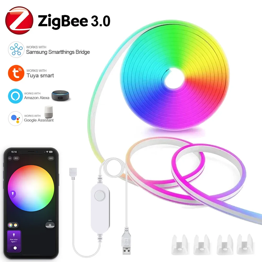 1-5M USB Zigbee 3.0 RGB Neon LED Luci di striscia Tuya Zigbee Impermeabile Dimmerabile Nastro flessibile Armadio da cucina TV Camera Luce notturna