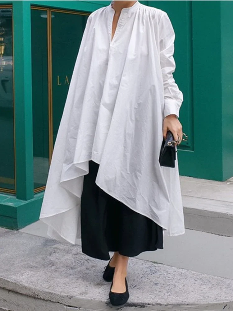 Women White Irregular Big Size Long Blouse New Stand Collar Long Sleeve Loose Fit Shirt Fashion Spring Autumn 2024 1DH0490