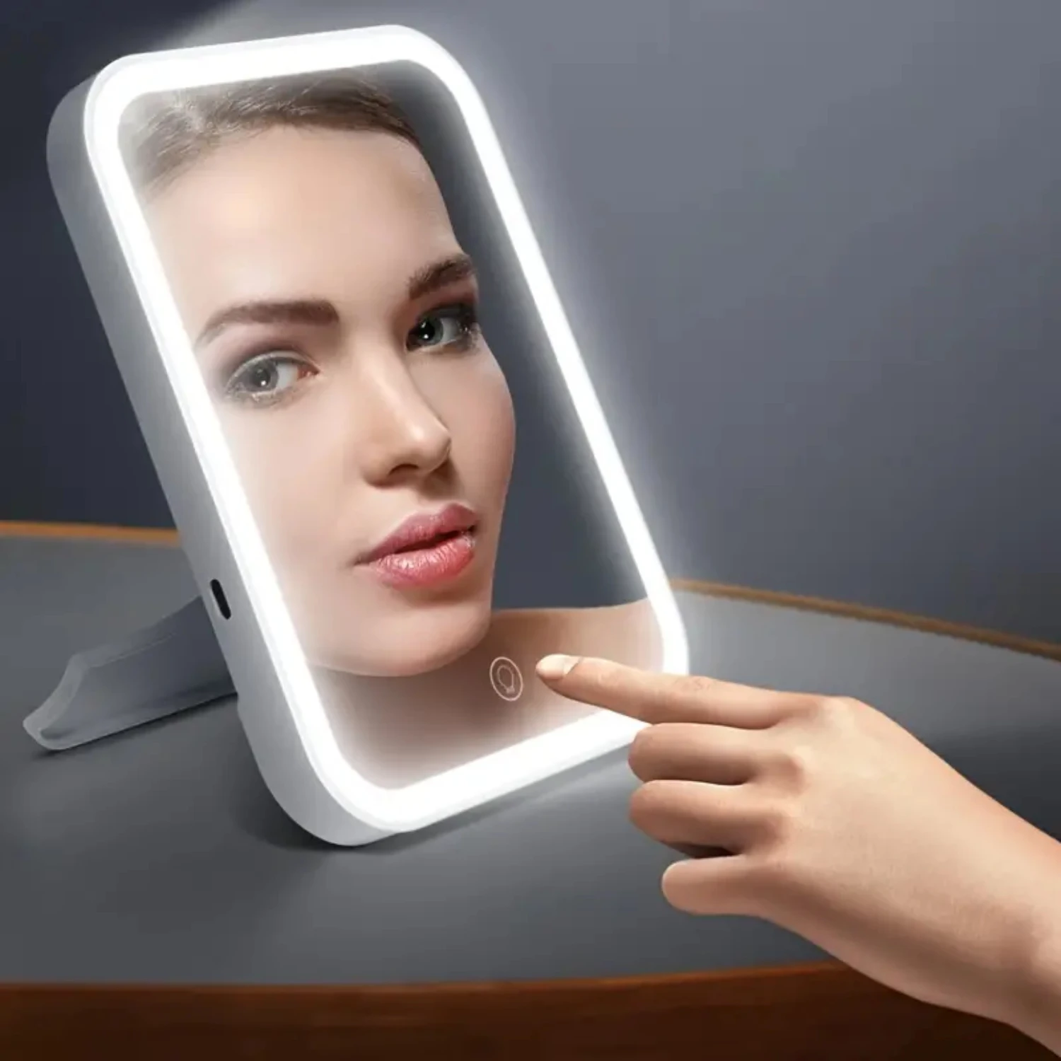 

Portable Compact Touch Screen Makeup Mirror with Standing Vanity, Magnifying Cosmetics Mirror - Foldable and Convenient for Trav