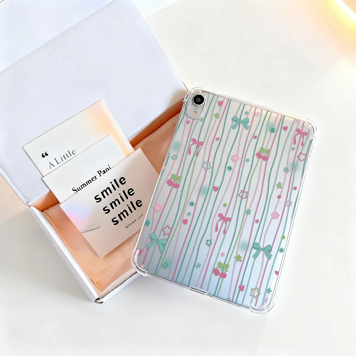 Sweet Girly Bow Cherry Stripe Clear Tablet Case for Apple iPad Pro12.9 2015 Air 13 11 2026 Mini 7 6 5 4 3 2 1 Pro11 2024 2025