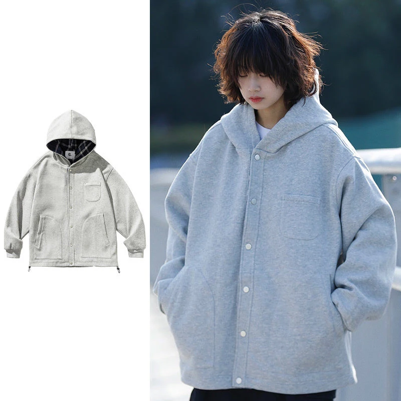 Japanese spicy girl retro solid color plaid hooded cardigan sweatshirt spring autumn American loose casual couple sweatshirt