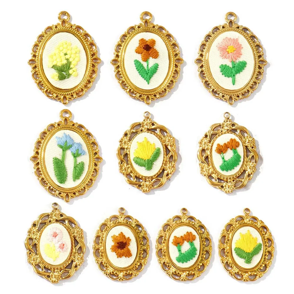 

2 шт. овальные подвески с вышивкой в виде цветов и листьев, разноцветные, из нержавеющей стали, для декора и DIY-аксессуаров