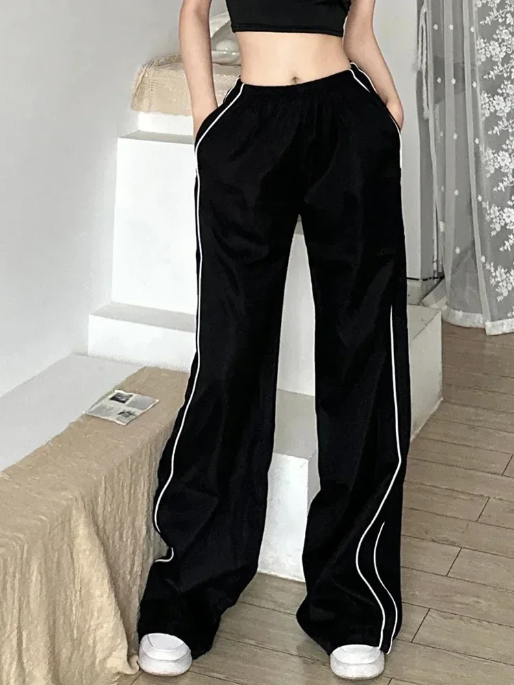 Y2K Women Streetwear Black Sweatpants High Quality Striped Patchwork Cargo Pants Retro Harajuku Korean Oversize Trousers