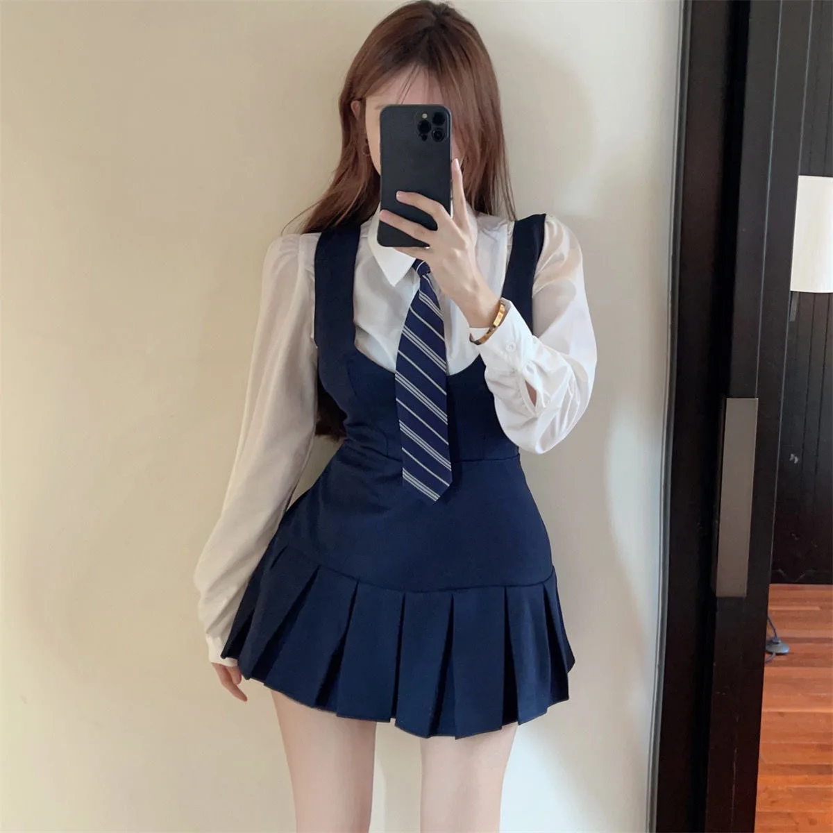 Traje de uniforme de manga larga para mujer, conjunto de 3 piezas azul marino, camiseta sin mangas, vestido plisado, cintura alta, ajustado, estilo Preppy, primavera y otoño