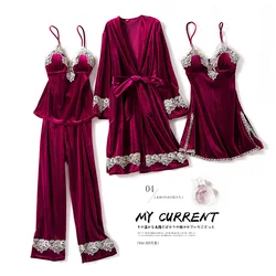 Burgundy Velvet 4PCS Pajamas Set Wedding Robe Nightgown Autumn Winter Female Sleepwear Sexy Lace Trim Pijamas Suit Home Wear