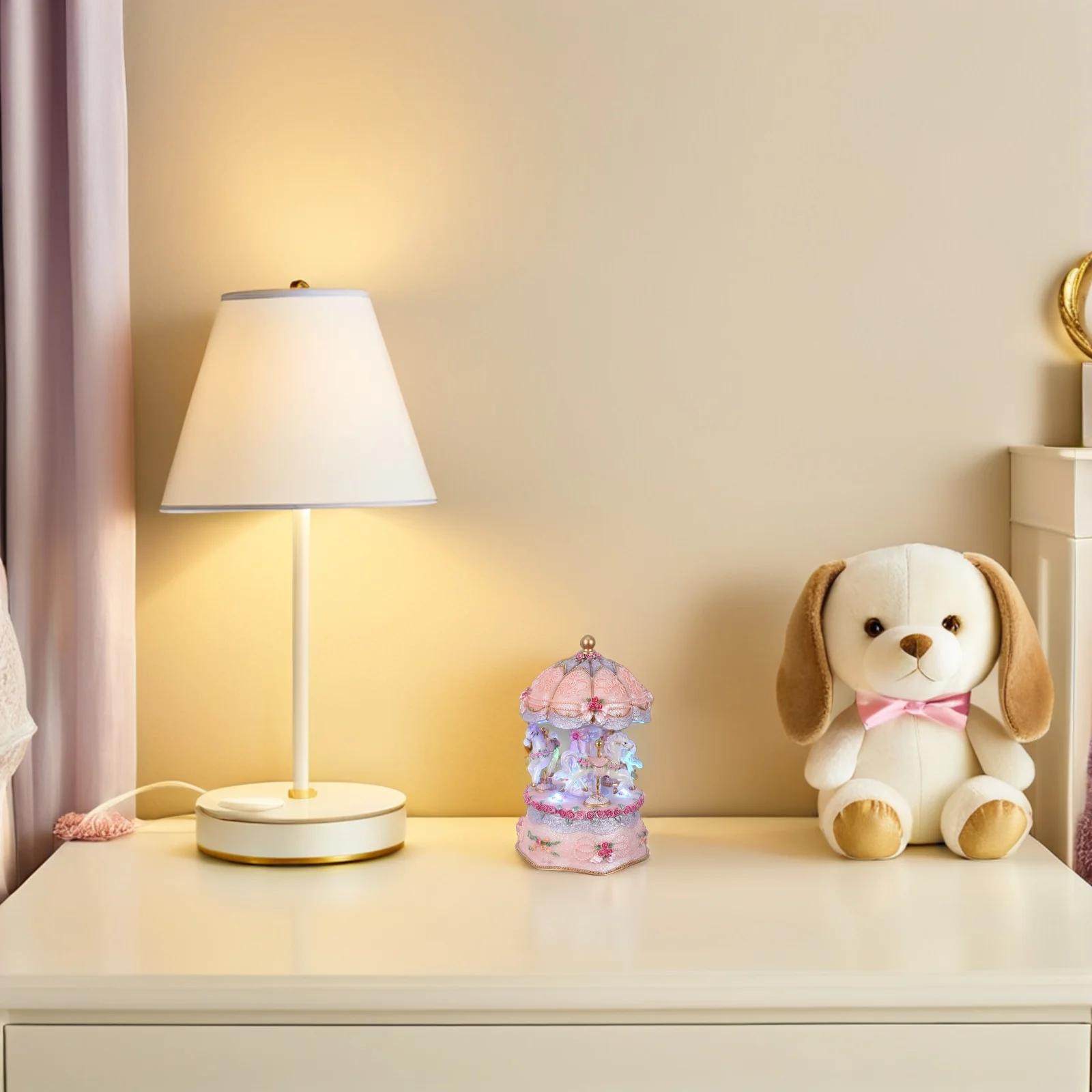 

Carousel Music Box Rotating 3-Horse Vintage Musical Color Changing Led Lights Wind Up Desktop Decor For Christmas